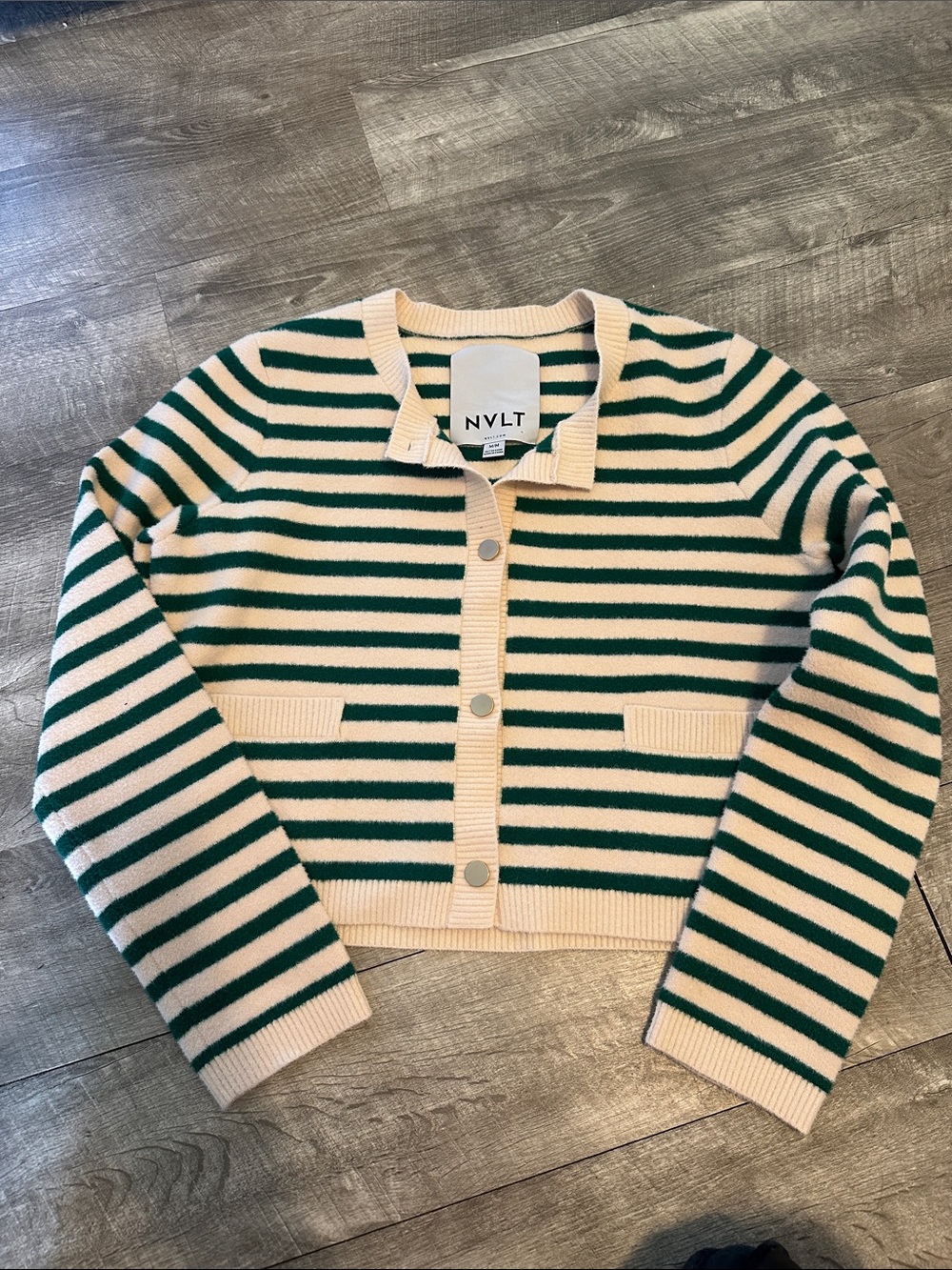 NVLT Green and Cream Striped Cropped Cardigan